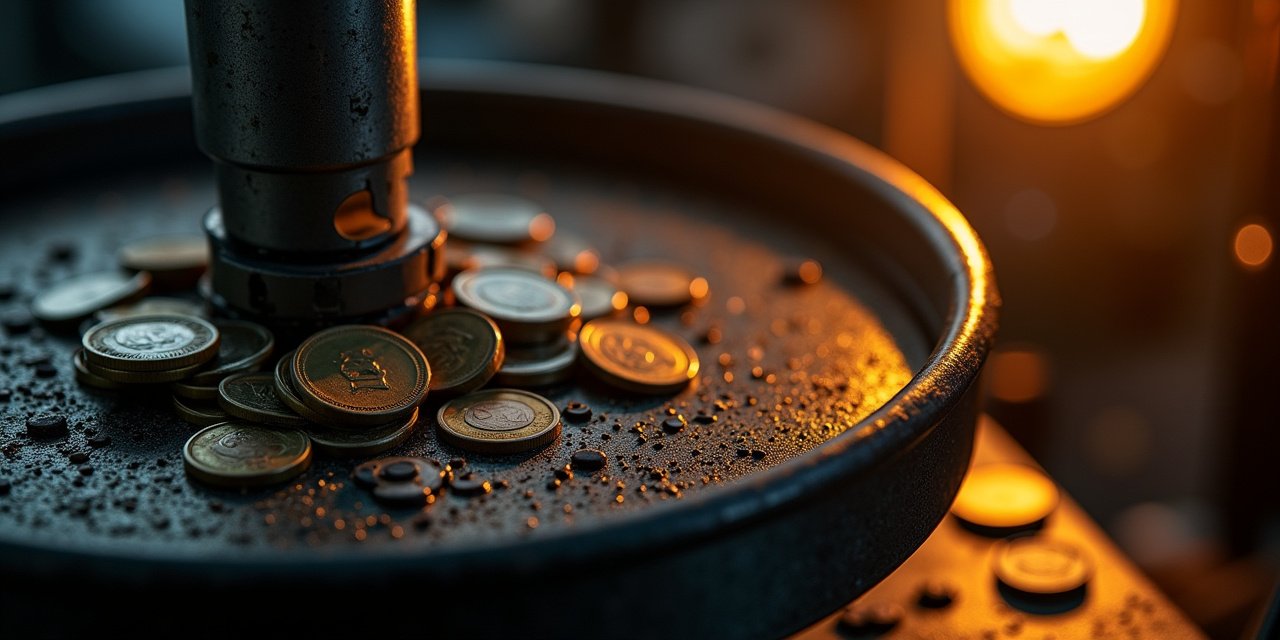 Steel sieve over a dark workbench holding back large coins while small ones fall through into shadow
