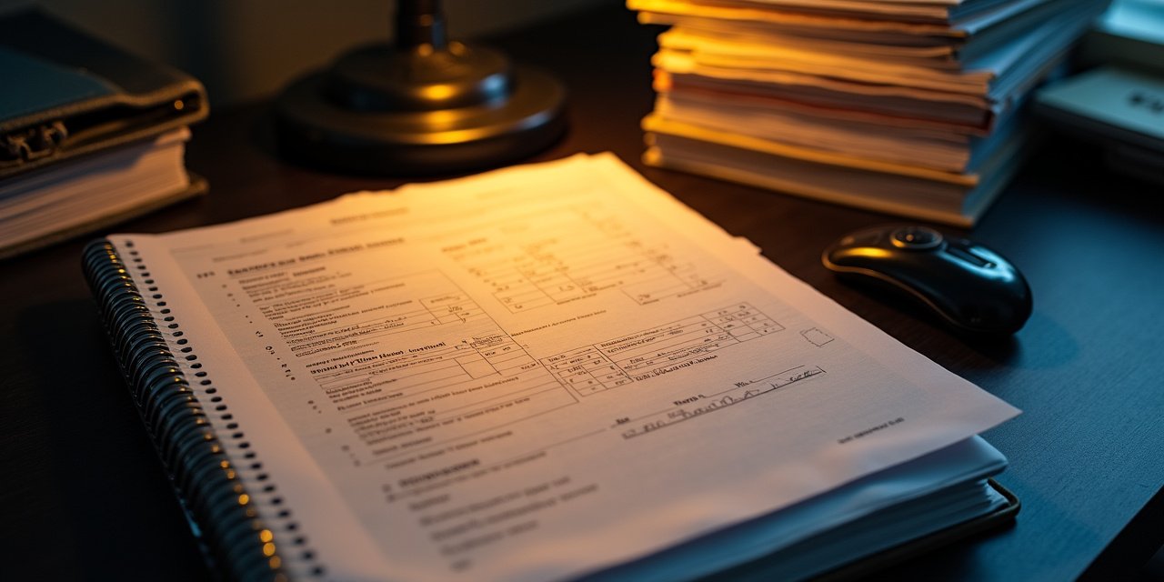 Three steel loan-application folders on a dark industrial desk under an amber lamp, one complete, one partly funded, one returned