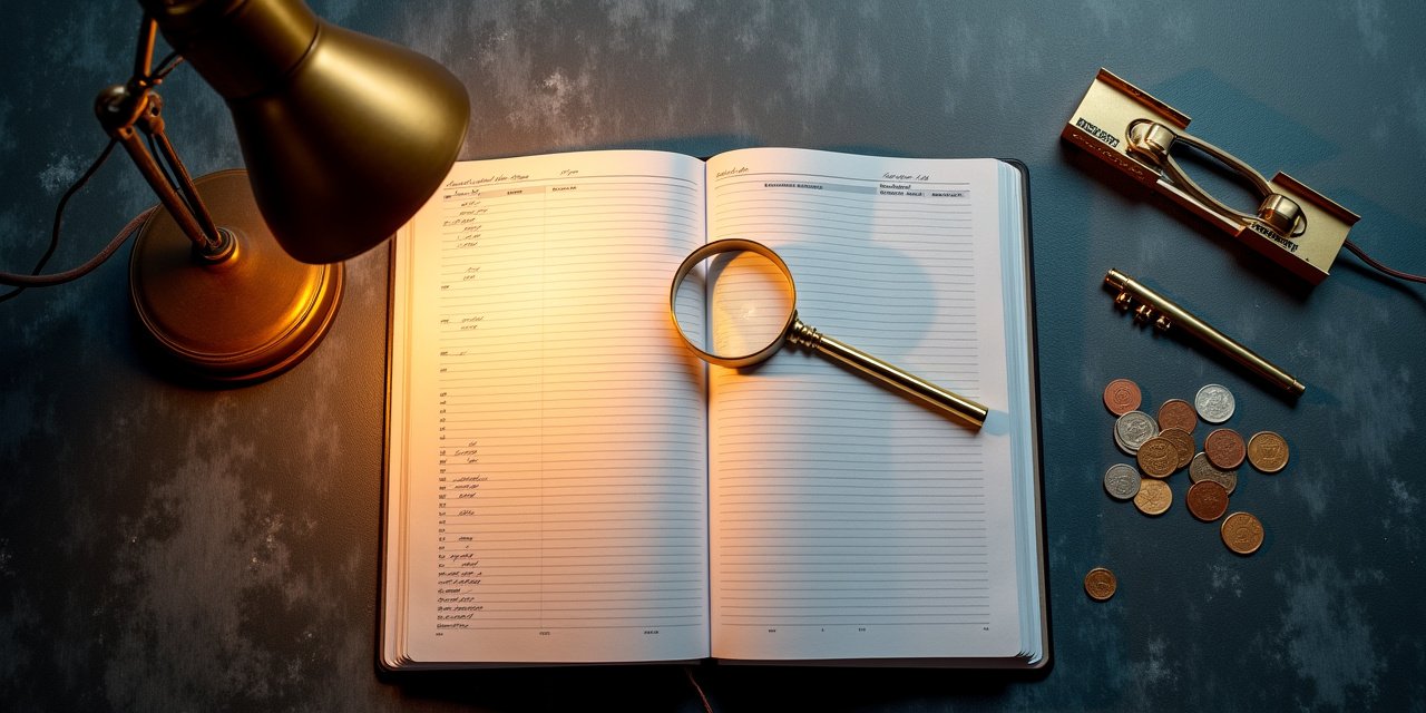 Open case ledger under a brass magnifying loupe beside a pile of coins, lit by an amber desk lamp