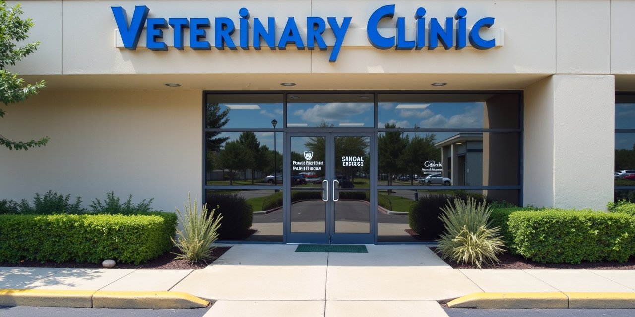 Exterior of modern veterinary clinic with professional facade and clean building in daylight