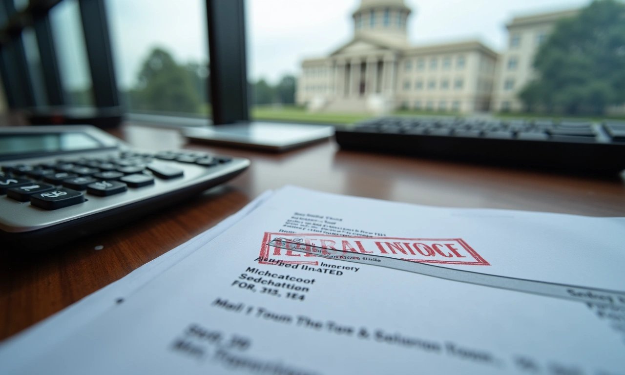Stack of overdue federal invoices next to a calculator on a contractor's desk, government building visible through the window - Rev Boost Funding