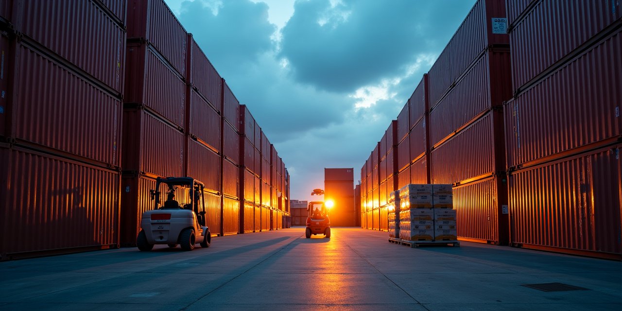 Shipping container yard at dusk, representing import supply chains affected by the July 2026 tariff swap