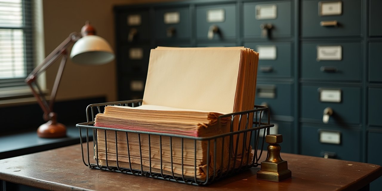 Stack of unpaid vendor files in a wire outbox at a state agency office, showing late contractor payments