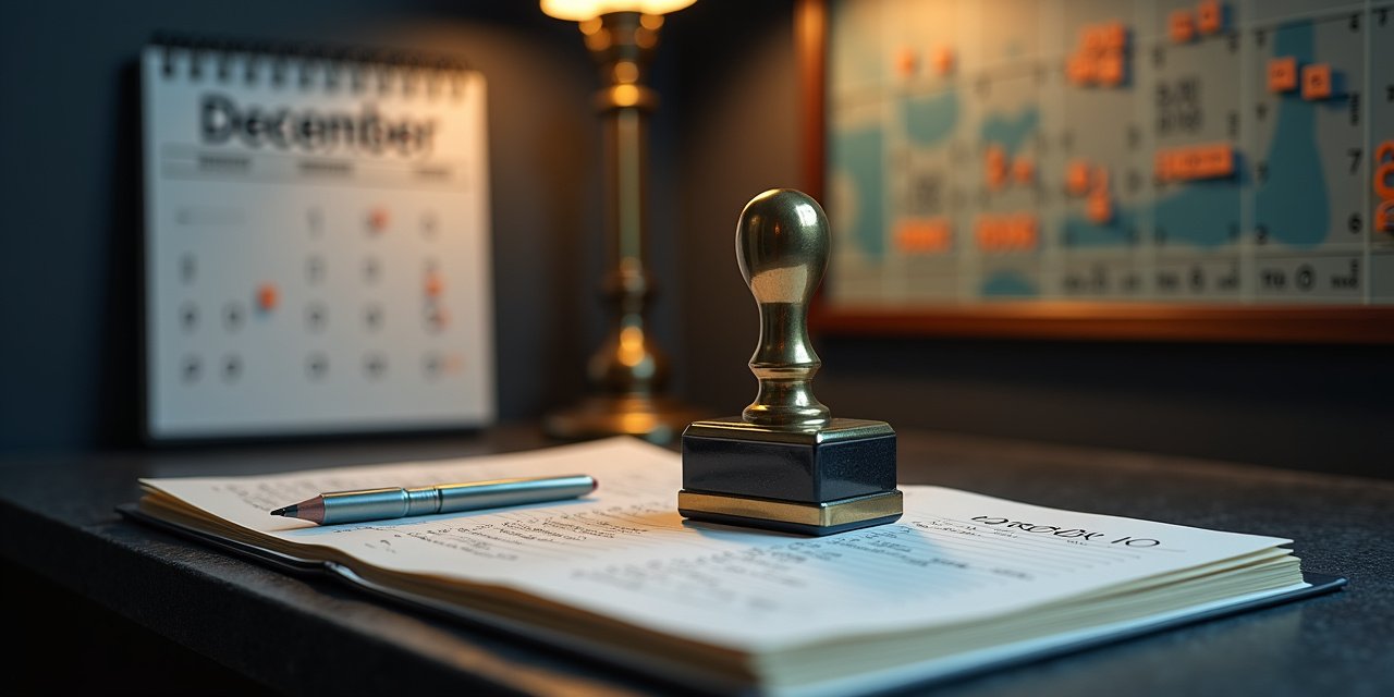 Brass registration stamp and steel ledger beside a wall calendar with the last week of December circled in orange