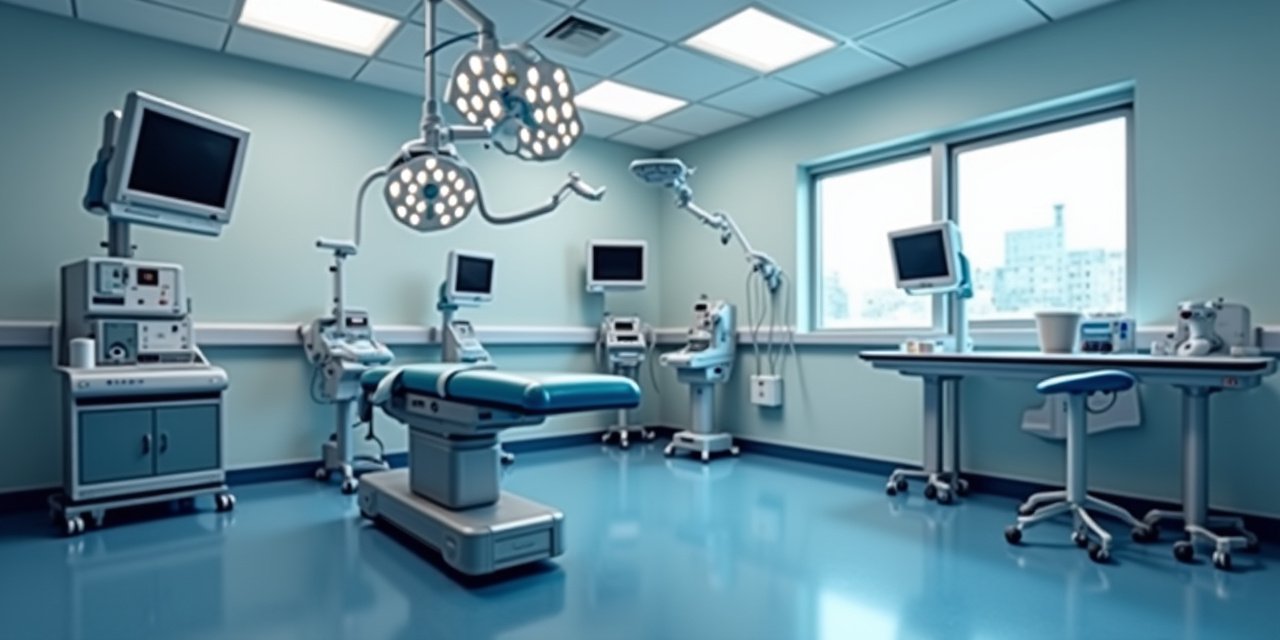 Veterinary surgery suite with modern anesthesia equipment and surgical lights