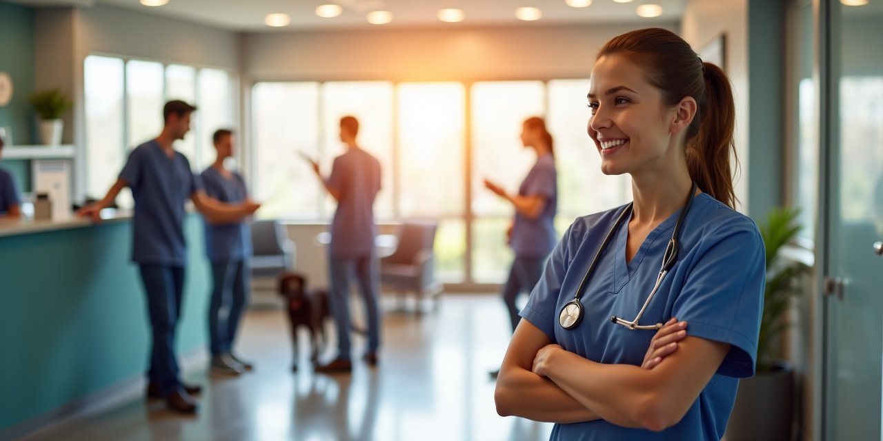 Busy veterinary clinic reception area with professional staff and modern interior