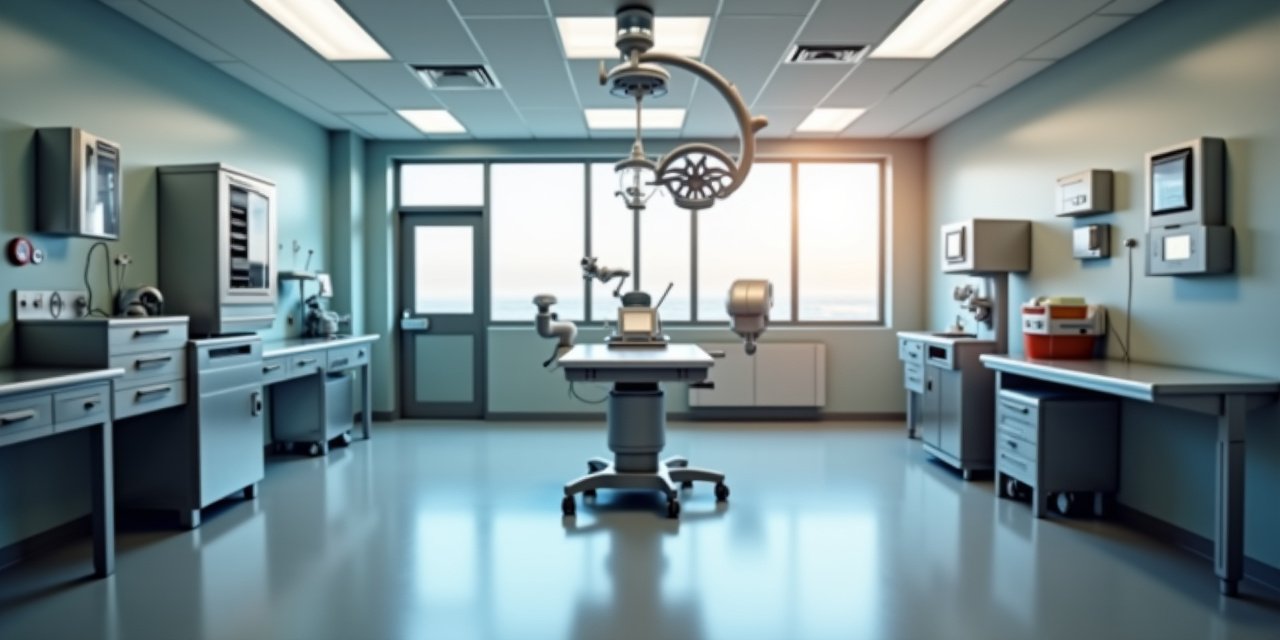 Professional veterinary clinic interior with modern medical equipment and surgical lights