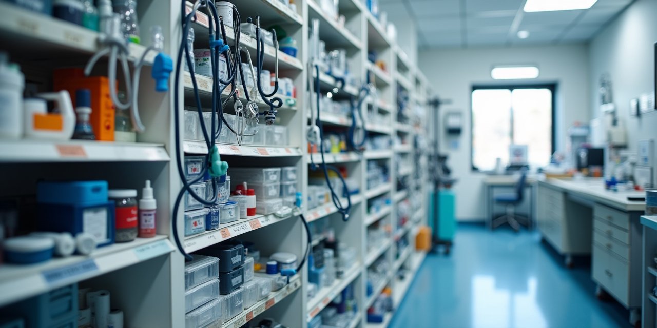 Array of professional veterinary medical equipment on clinical shelves with diagnostic tools