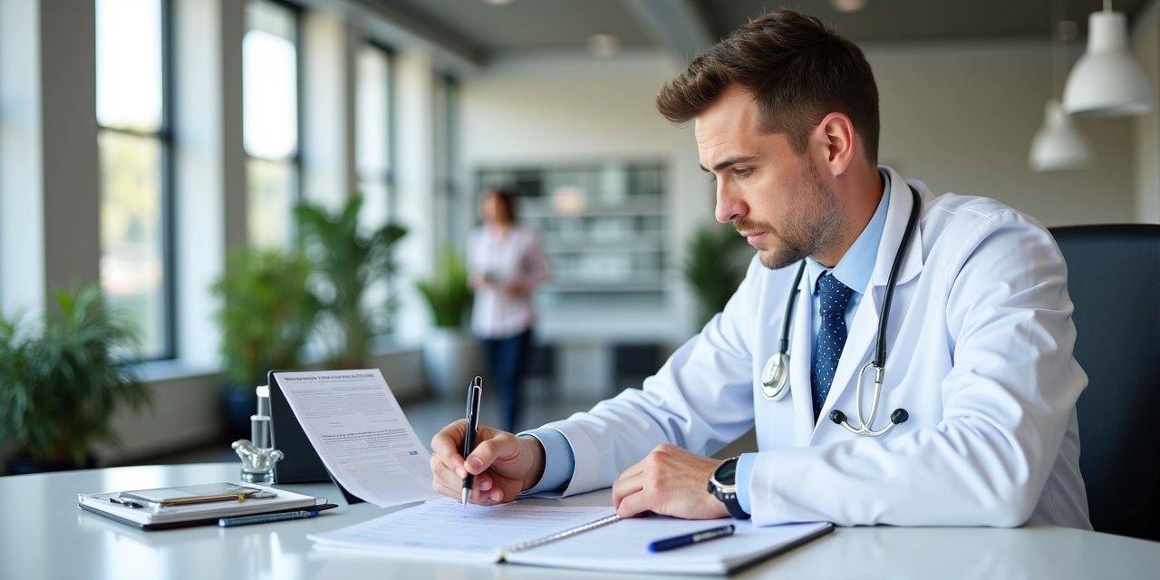 Veterinary practice owner at desk reviewing financial documents with modern clinic in background